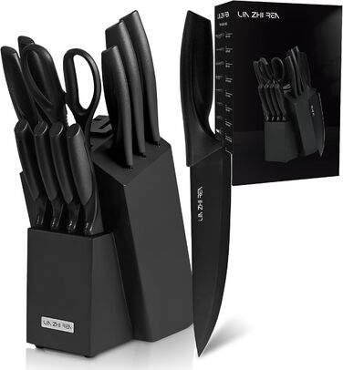 Набір ножів LIN ZHI REN 13 предметів з бруском, чорний. Кухонний набір ножів, ергономічні ручки, безпечний, для миття в посудомийній машині