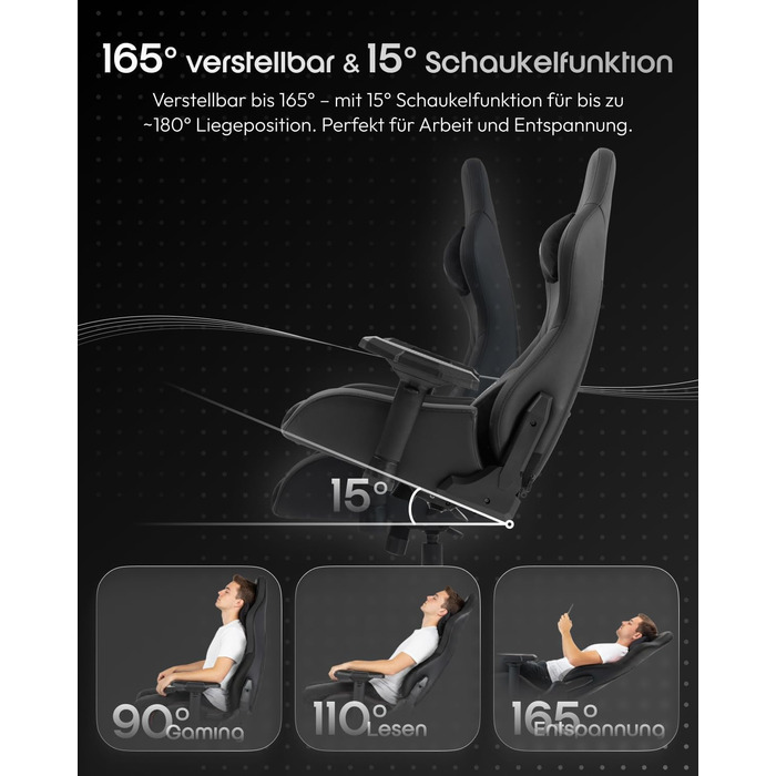 Ігровий крісло Dowinx з 4D підлокітниками, функцією гойдання 15° та регулюванням спинки до 165°, масажний, ергономічний, дизайн у стилі гоночного авто, до 135 кг, чорний