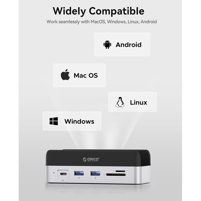 ORICO MiniDock VS10: Док-станція та підставка для Mac mini M4/M4 Pro з корпусом для NVMe SSD, хаб USB-C з 4K HDMI, DisplayPort, SD/TF 3.0, USB-C/A 10Gbps, PD 100W, 10-в-1, DIY