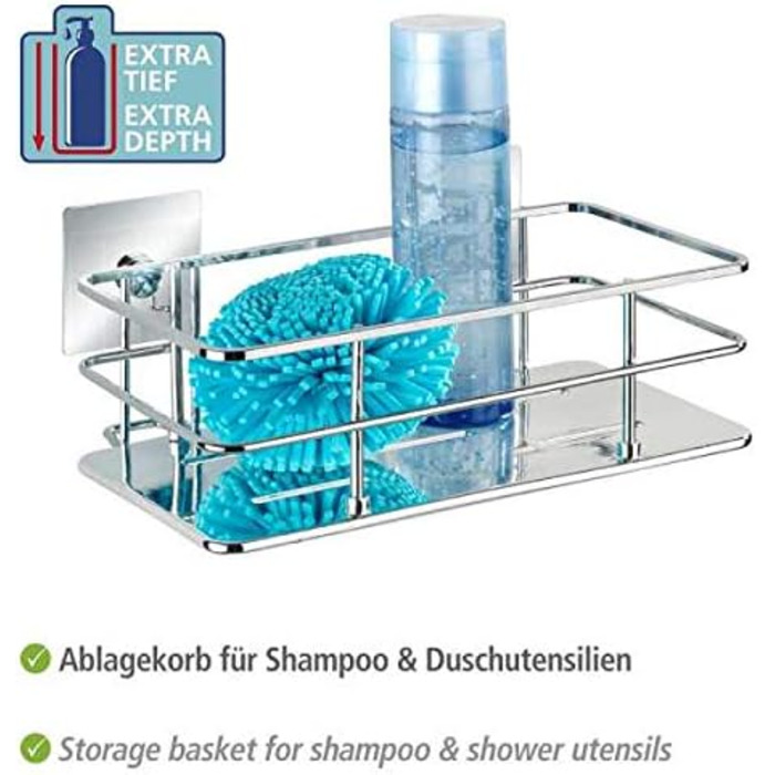 WENKO Turbo-Loc Stainless Steel Wall Shelf Quadro, Mounting Without Drilling, 24 x 10 x 14.5 cm, Chrome