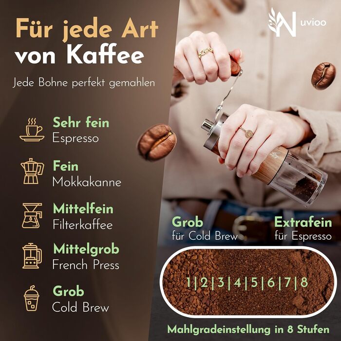 Ручна кавомолка Nuvioo з керамічним жорном, 8 ступенів помолу - для еспресо, кави, кемпінгу та відпочинку на природі