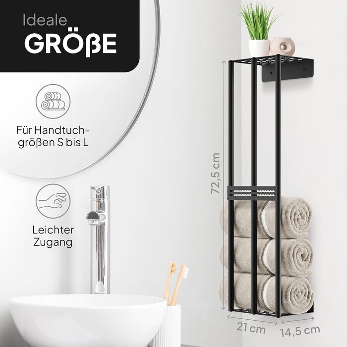 Тримач для рушників на стіну без свердління, чорний, 72,5 см - металева полиця для рушників у ванну кімнату, самоклеюча, для великих та маленьких рушників