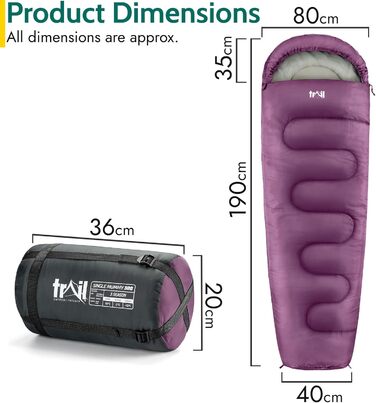 Спальний мішок для дорослих Trail 3 сезони – для кемпінгу, піших прогулянок, подорожей – 300 GSM – з внутрішніми кишенями – фіолетовий