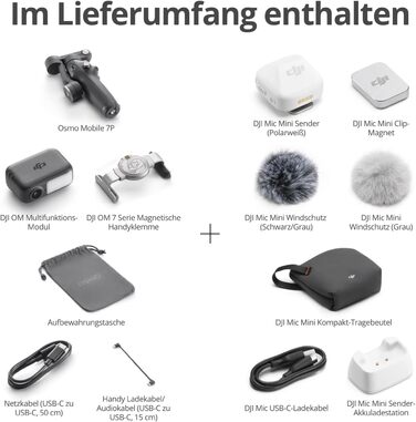 Стабілізатор DJI Osmo Mobile 7P + Mic Mini TX (Polarweiß) – Gimbal для iPhone/Android з мікрофоном, інтегрований штатив та подовжувач, 3-осьова стабілізація