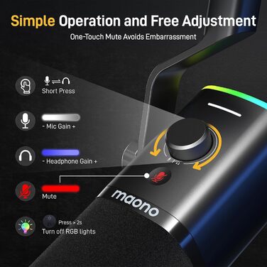 Мікрофон MAONO XLR-USB PD100X для стримінгу, подкастів, YouTube та ігор. Динамічний мікрофон з регулюванням гучності та програмним забезпеченням. Сумісний з PS4, PS5, Mac, PC. Чорний колір