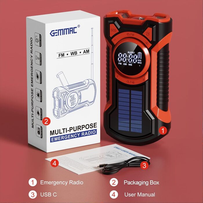 Радіо на сонячній батареї та ручному приводі Gemmac 5000mAh з Bluetooth, USB AM/FM, Power Bank, SOS-сигналом та ліхтариком - для кемпінгу та виживання (Червоне)