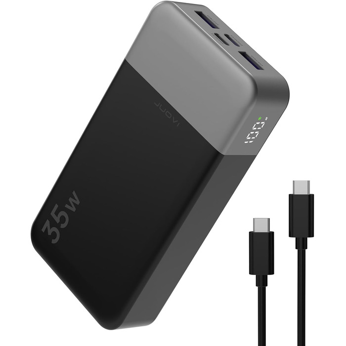 Powerbank JUOVI 20000mAh: Швидка зарядка 35W, LED дисплей, 2 USB-C, 2 USB-A, PD 3.0, QC 4.0, для iPhone 16/15/14, блакитний