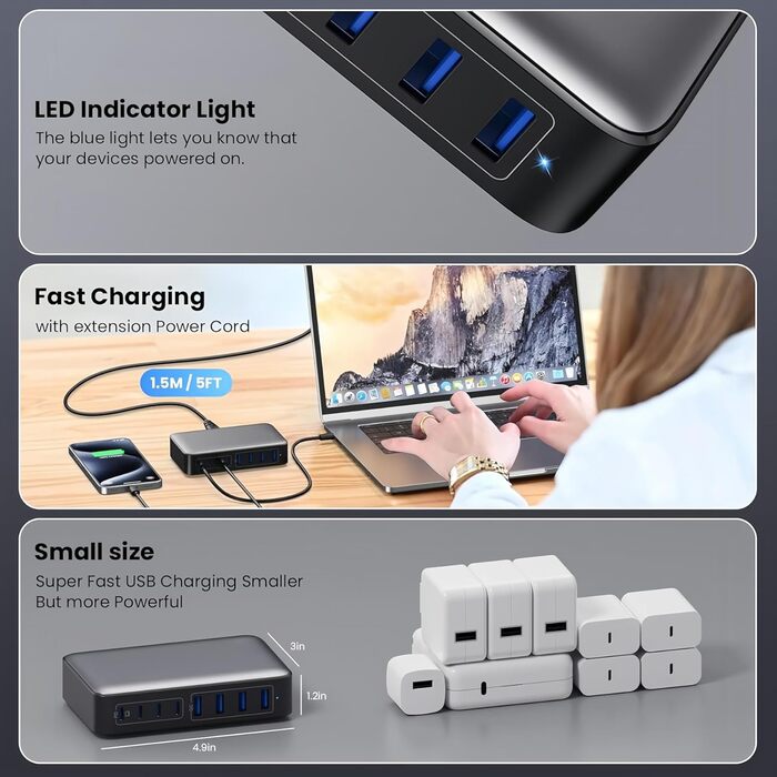 Зарядний пристрій USB-C 620W, 10 портів, швидка зарядка PD PPS 100W, для MacBook Pro/Air, iPad, iPhone 16/15/14/13/12 Pro Max, Samsung (чорний)