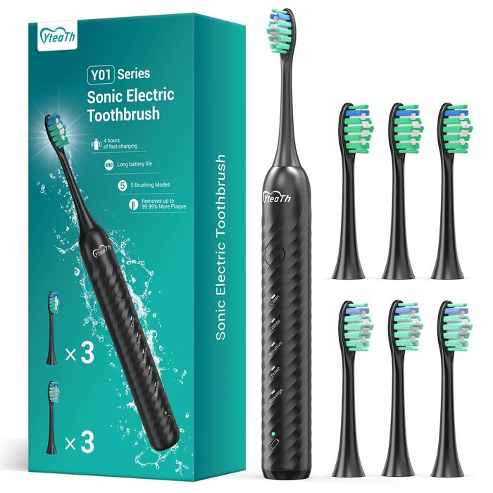 Електрична зубна щітка для дорослих з 6 насадками, перезаряджувана звукова щітка, чорна (1 шт.)