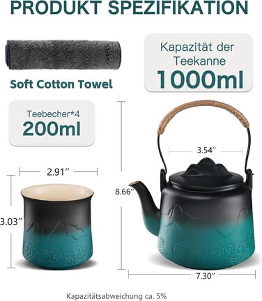 ZENS Design Japanese Teapot, 1000ml Gradient Embossed Japanese Ceramic Teapot with Built-in Strainer and Hemp Rope Handle for Loose Leaf Tea Steeper, Gift for Tea Lovers, Black & Bean Green (Black & Green, 1000ml Teapot & 4 of 200ml Cups)