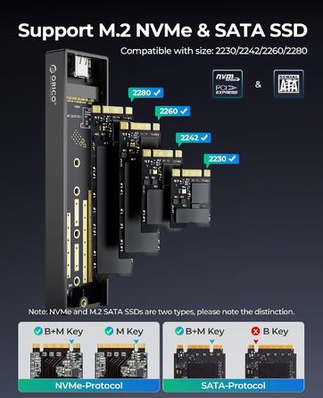 Зовнішній корпус-адаптер ORICO M.2 NVMe SSD USB-C 3.2 Gen2 10Gbps для PCIe NVMe M-Key/M+B Key (2230/2242/2260/2280), підтримка UASP, M-2PV
