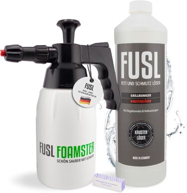FUSL Grill Cleaner Set – FOAMSTER Foam Cannon + 1L Crust Remover – Extra Strong Grill Cleaner for Gas Grill, Smoker & Grill Grate – Biodegradable & Effective – Made in Germany