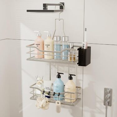 Настінна поличка для душу HapiRm з 4 гачками - регульована, для шампуню та мила, нержавіюча сталь (Sand Nickel)