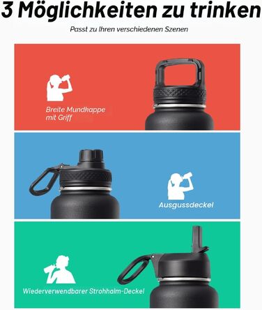 Термофляга Coolflask 1180 мл з трубою та 3 кришками, вакуумна металева пляшка для води для спорту та офісу, чорна
