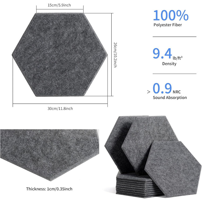 Акустичні гексагональні панелі Rdutuok для звукоізоляції, 12 шт, 30x26x1 см, шумопоглинаючі стінові панелі для студії, офісу та декору (темно-сірі)