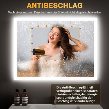 Дзеркало для ванної кімнати з підсвічуванням 50x70 см, LED, антизапарник, 2 кольори світла (3000K/6500K), прямокутне, горизонтальне/вертикальне, без рами