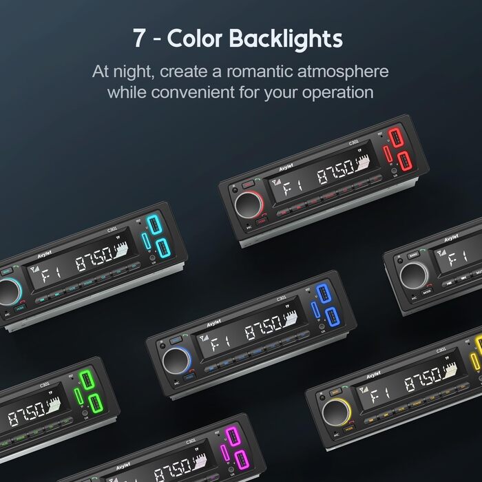 Автомагнітола Bluetooth 5.0 Avylet, 1 DIN, FM, 2 USB, AUX, MP3, 7 кольорів, підтримка карт пам'яті, гучний зв'язок