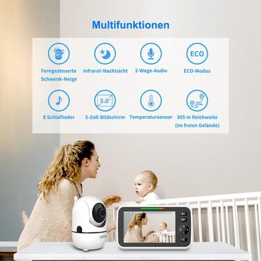 Відеоняня HelloBaby з 5-дюймовим екраном, розділеним на дві частини, акумулятор 30 годин, поворотна камера з нахилом та зумом, нічне бачення, ECO режим, двосторонній аудіо, 8 колискових, радіус дії 300 метрів, HB6550