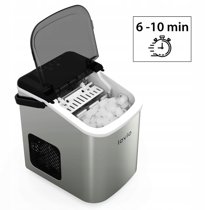 Льодогенератор Lovio сріблястий, 112 Вт, 10 кг/24 год, регулювання розміру льоду