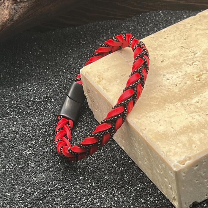 Чоловічий шкіряний браслет Casisto.J з нержавіючою сталлю, плетіння, гравіювання, скандинавський стиль, чорний, червоний, срібло, золото, з магнітною застібкою, у подарунковій коробці