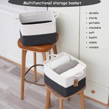 Woven cotton rope basket with handles for shelves, toys, books, fabric storage baskets for organizing, 34 x 28 x 24 cm, decorative storage basket for living room, bathroom