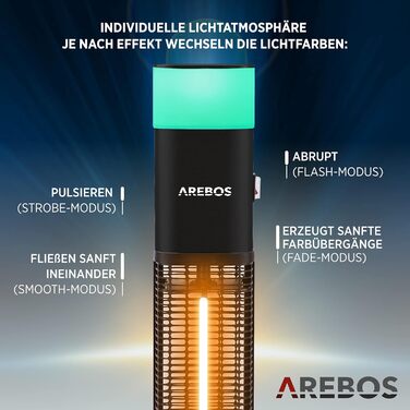 Електричний інфрачервоний обігрівач Arebos 1500W з LED-підсвічуванням та пультом керування | Обігрівач для тераси, вуличний, чорний