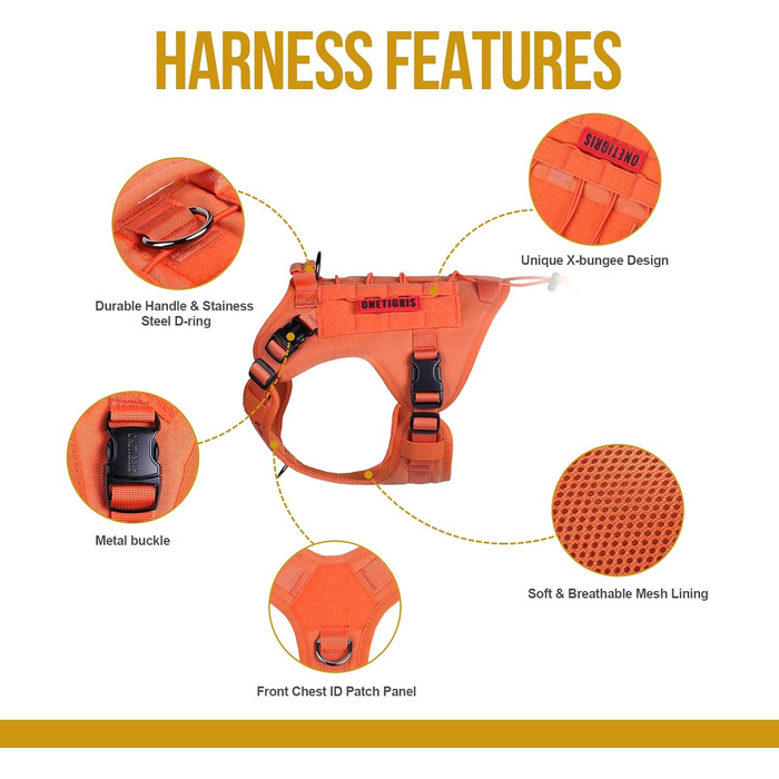 Тактичний нашийник для собак OneTigri Fire Watcher 2.0 з металевою пряжкою, з ручкою, No Pull, для великих собак, MOLLE, чорний (XL, помаранчевий)