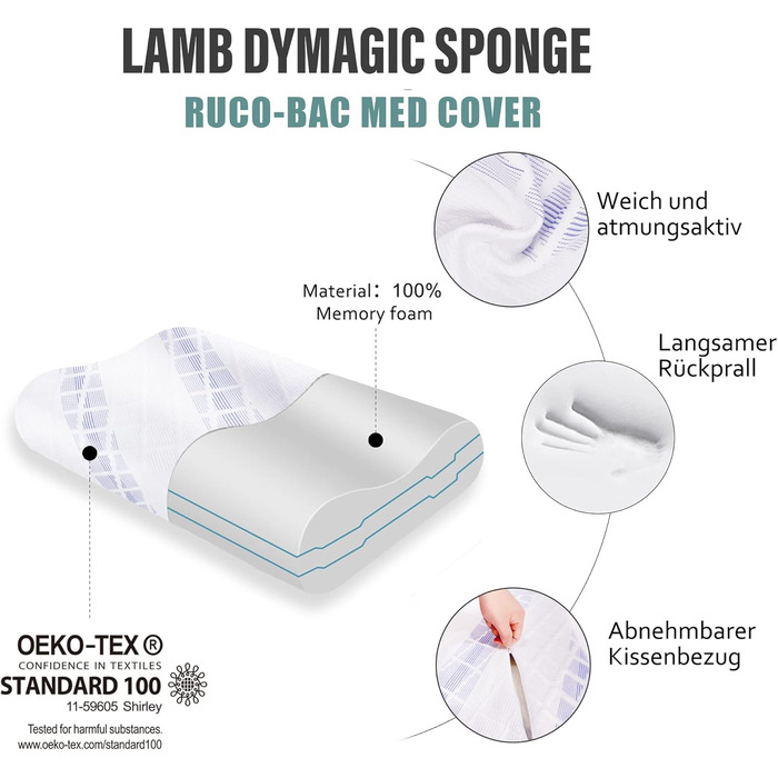 Ергономічна подушка для шиї та голови LAMB з ефектом пам'яті (Memory Foam), регульована висота, для сну на боці, з мийним чохлом, 60x36x12/10 см, синя