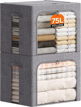 Коробка для зберігання одягу Lifewit з кришкою, металевий каркас, з ручками та вікном, сіра (2 шт., 75л)