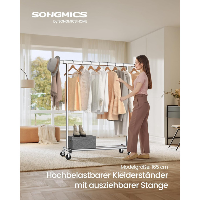 SONGMICS Clothes Rack on Wheels, Heavy-Duty Garment Rack, Extendable Clothes Rod, Load Capacity up to 100 kg, Easy Assembly, Portable, Silver HSR13S