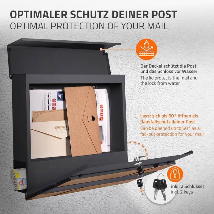 Поштовий ящик ML-Design Anthrazit/Ефект дерева Дуб, сталь, 37x37x11 см. Сучасний настінний поштовий ящик з газетницею, з замком та 2 ключами.