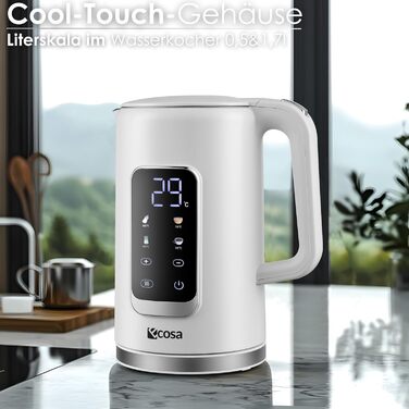 Електричний чайник-заварник зі сталлю, регулювання температури 40-100°C, 1,7 л, 2200 Вт, з підігрівом, LED дисплеєм, без BPA, білий Wanda