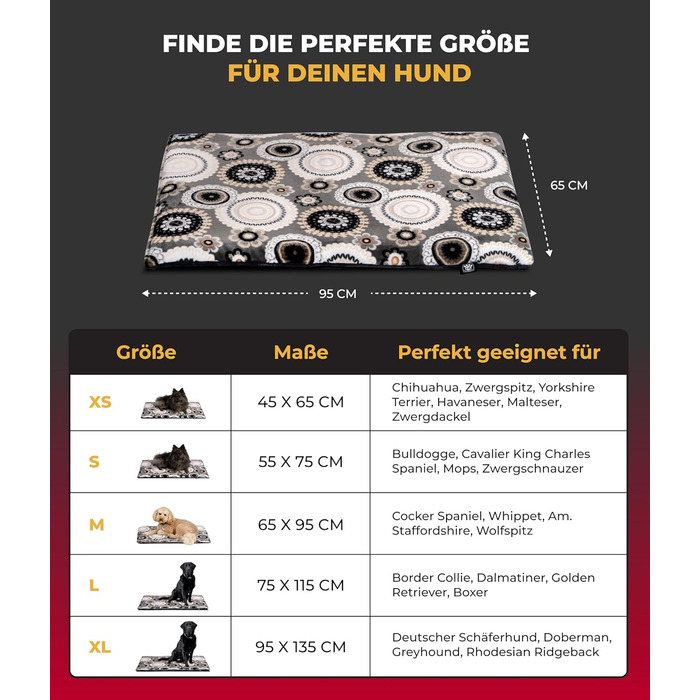 Підстилка для собак XS (45x65 см) – нековзна та м'яка з 3 см наповнювачем – ідеальна для дивана, авто та переноски – виготовлено в Німеччині (65 x 95 см, Мандала Антрацит)