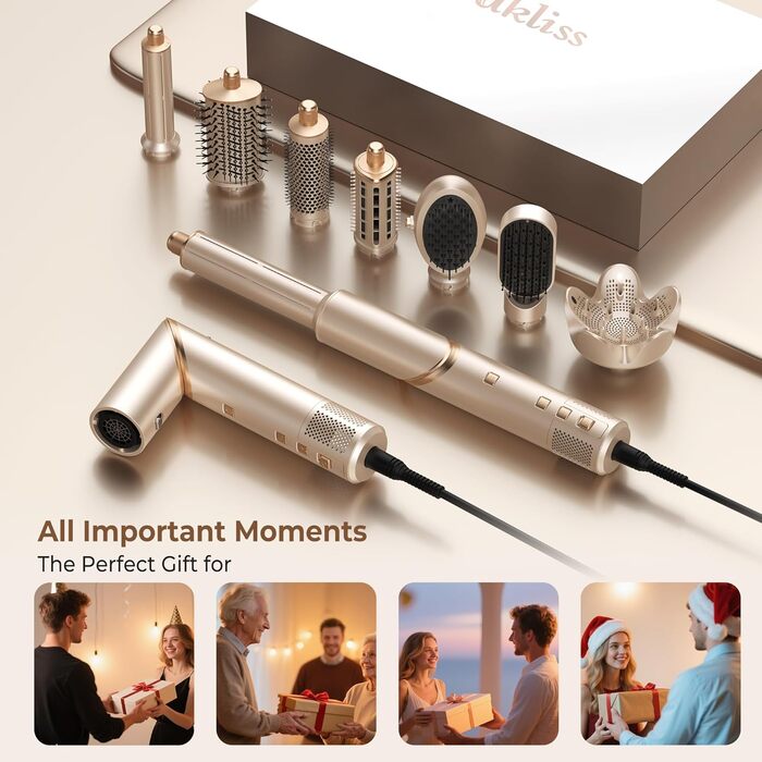 UKLISS Hairstyler 8 в 1: Професійний стайлер для волосся з авто-завивкою, іонізацією та функцією фена, підходить для всіх типів волосся, золотий