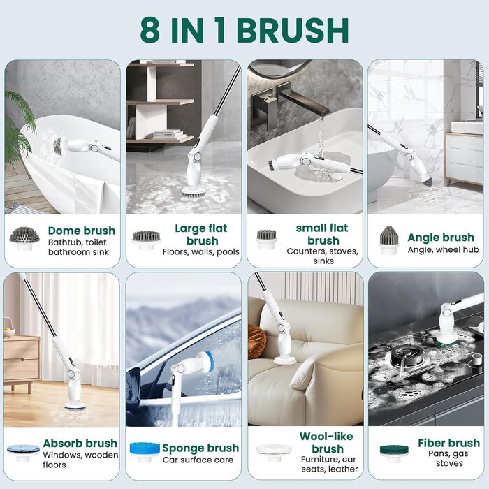 Coovee Electric Cleaning Brush, 2024 New Voice Command Spin Scrubber with 8 Drill Brush Heads, THREE Adjustable Speeds, Extendable to 137cm Handle for Bathroom Kitchen Car Floor (Replacement Brush Heads - White)