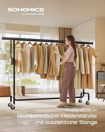 SONGMICS Clothes Rack with Wheels, Coat Rack, Heavy-Duty, Extendable Clothes Rod, Holds up to 110 kg, 45 x (160-200) x 162.9 cm, Metal, Chrome, HSR176E01 ((160-200)B cm, Matte Black)