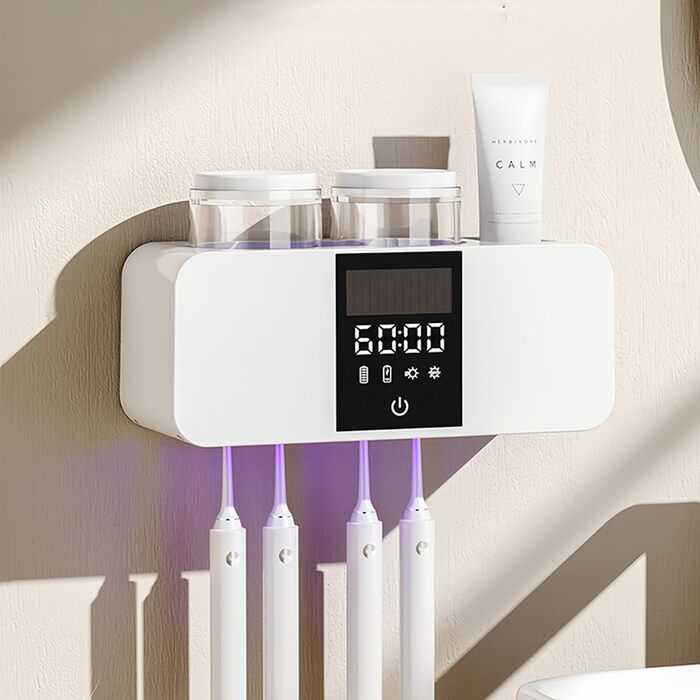 Тримач для зубних щіток Maxspace з УФ стерилізатором, сушаркою, сонячною зарядкою та автоматичним очищенням, настінний, 4 слоти, 2 чашки (білий)