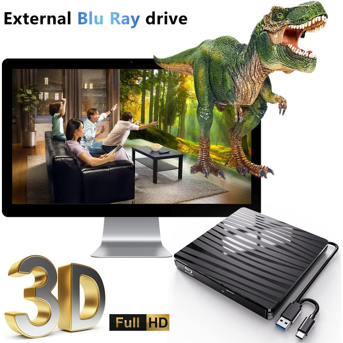 Зовнішній DVD-привід USB 3.0 та Type-C, портативний CD/DVD+/-RW записувач (Blu-ray) для ноутбука, ПК, MacBook, Windows, macOS, Linux