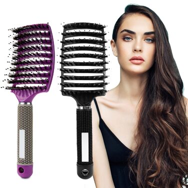 Двохсторонна щітка для волосся з щетиною дикого кабана (чорний та фіолетовий) - безшумна, розподіляє олію, випрямляє волосся, дихаюча, прискорює сушіння