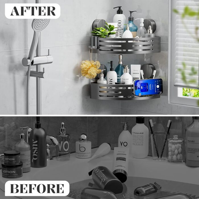 Поличка для душу ONXE на присоску, без свердління, кутова, з гачками, з нержавіючої сталі, водонепроникна, з алюмінію, для зберігання у ванній кімнаті