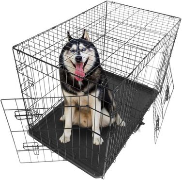 Клітка для собак, складана, з 2 дверцятами, переноска для собак, авто, з піддоном (L) 91 x 57 x 62.5 см