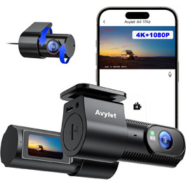 Відеореєстратор Avylet 4K+1080P з двома камерами (передня та задня), Wi-Fi, GPS, IPS дисплеєм, паркувальною функцією, Super Night Vision, WDR, 170° кутом огляду, G-сенсором, підтримка карт пам'яті до 256GB
