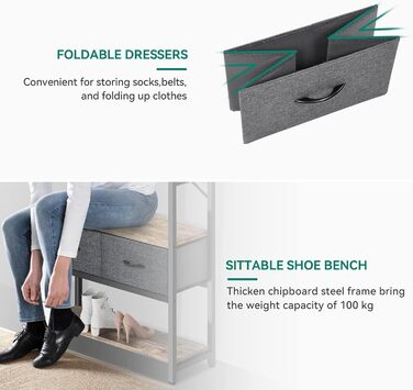 YITAHOME Entryway Storage Bench with Shoe Cabinet, Freestanding Mudroom Bench with Bank and 2 Folding Drawers, Industrial Coat Rack with 8 Hooks for Entryway Living Room Bedroom, Metal Frame, Rustic Brown