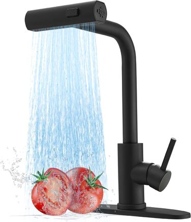 Чорний кухонний змішувач водопровідний з висувною лійкою та душем, 360° обертання, одноlever, матовий чорний