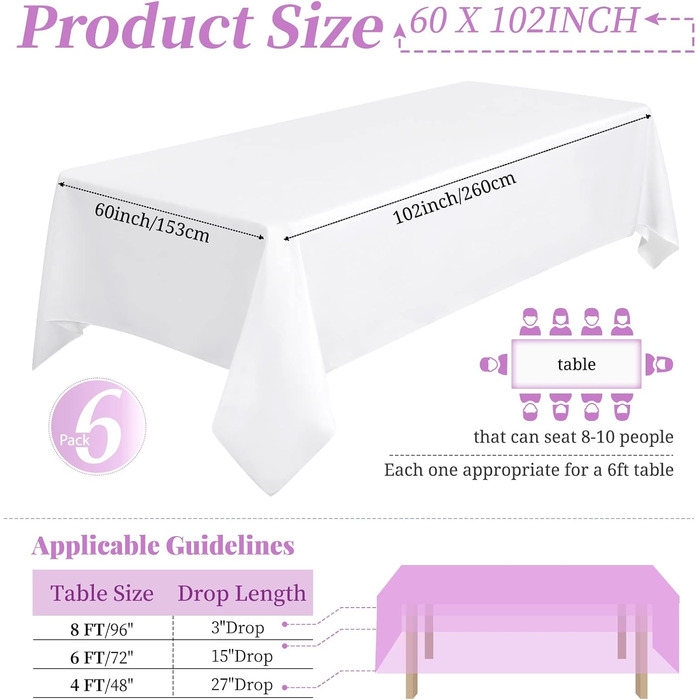 6-Pack White Rectangular Polyester Tablecloth 60 x 102 Inches Polyester Fabric Tablecovers, for Indoor and Outdoor 6 Ft Rectangular Tables, Wedding, Birthday, Party, Table Decoration (152X260cm)