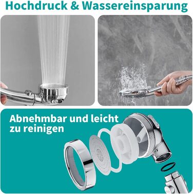 MIAOHUI Showerhead, Water-Saving with Water Stop Function, 3 Spray Patterns, Pressure-Boosting Showerhead, Shower with Hose and Holder (Chrome)