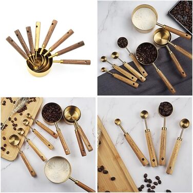 8-Piece Stainless Steel Baking Tool Set, Measuring Cups, Measuring Spoons, Wooden Handle, Kitchen Utensils for Coffee Powder