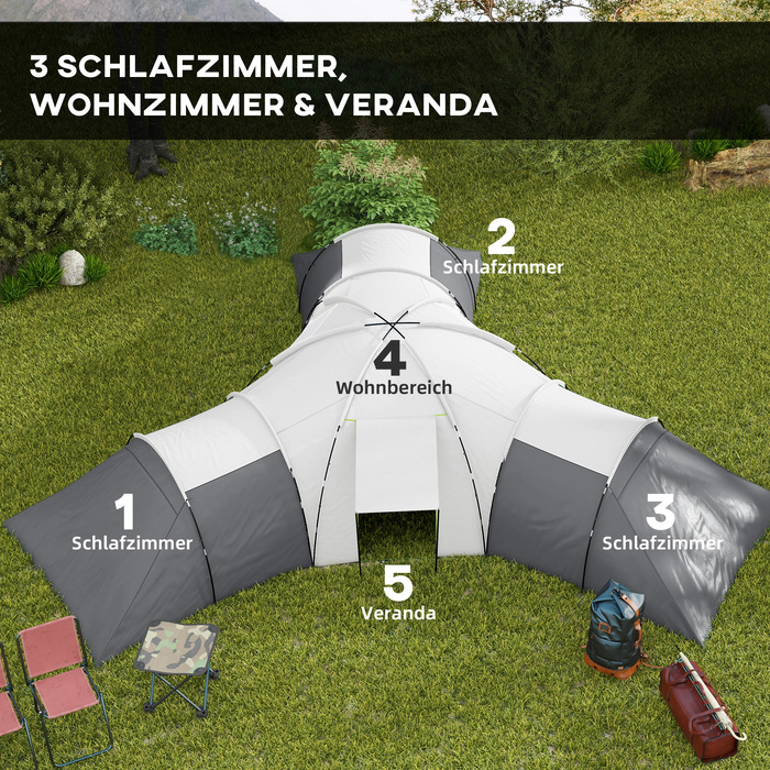 Намет Outsunny Tunnelzelt Campingzelt для 6-9 осіб з 3 спальнями, вітальнею та верандою, водовідштовхування 2000 мм, сірий