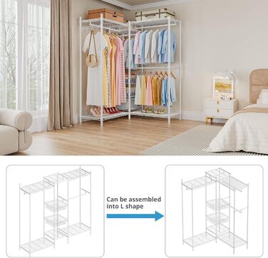 Heavy-Duty Clothes Rack, Clothes Rod, Wardrobe, Freestanding Clothes Rail with Height-Adjustable Shelves and Storage Baskets, Load Capacity up to 320 kg, White