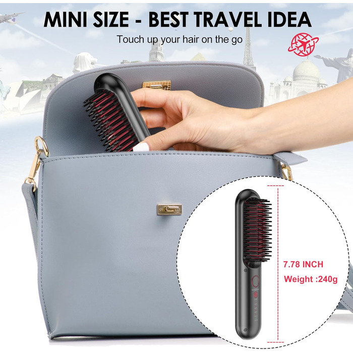 Бездротова щітка для випрямлення волосся – портативна щітка для подорожей, міні-щітка для випрямлення волосся для жінок, зарядка USB-C, керамічне покриття, легка для корекції, захист від опіків, чорно-червона